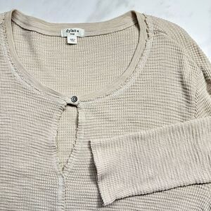 Dylan Cream Waffle Knit Cotton Long Sleeve Pullover, Keyhole Front & Tie Waist